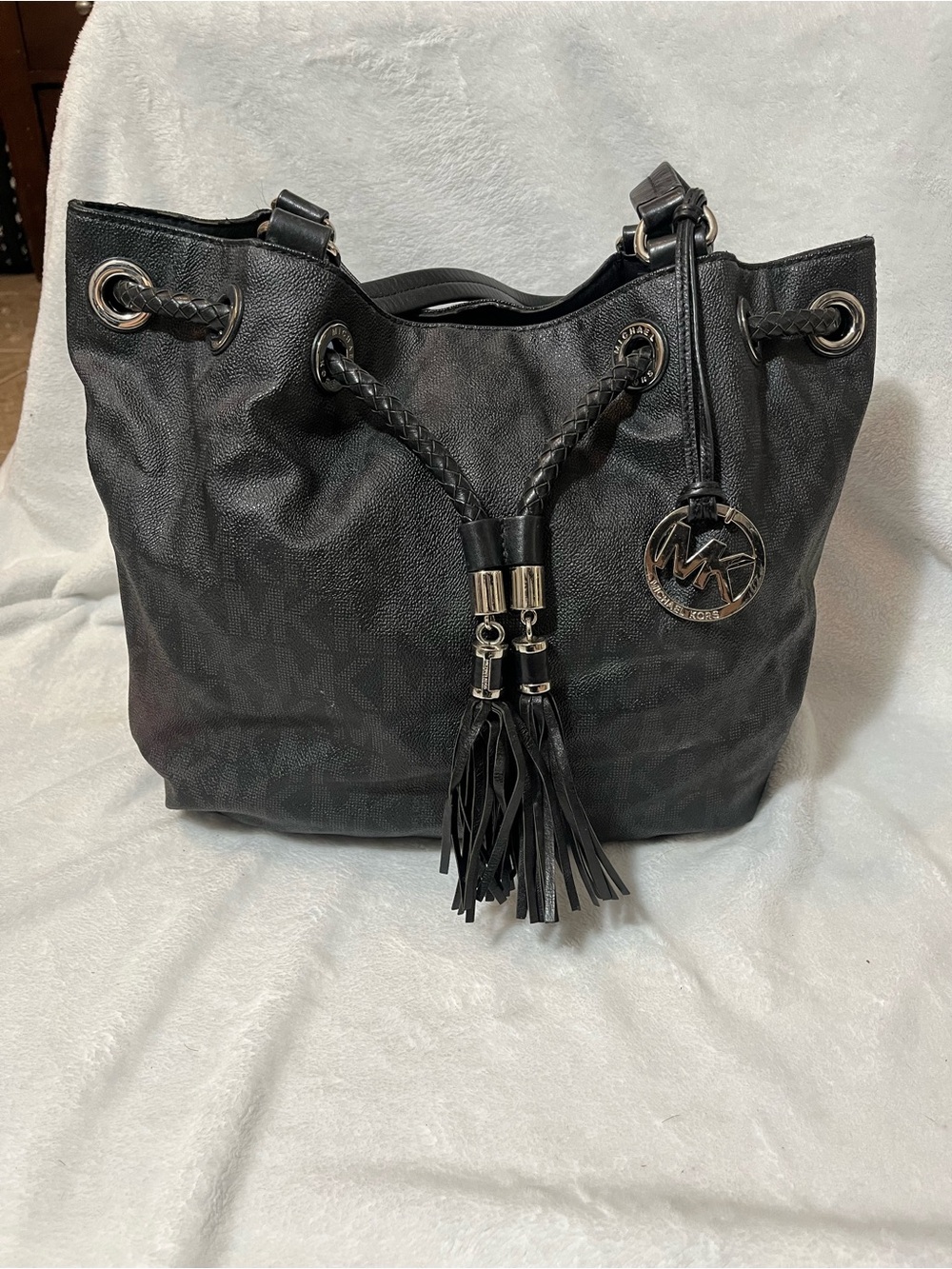 Michael Kors Black Leather Drawstring Shoulder Bag with Tassel Charm